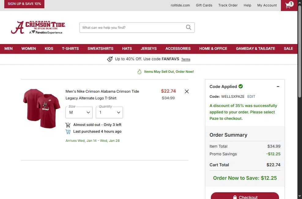 Alabama Crimson Tide Online Store checkout page showing Alabama Crimson Tide Online Store promo code box | Screenshot taken by SimplyCodes community member on Dec 30, 2025