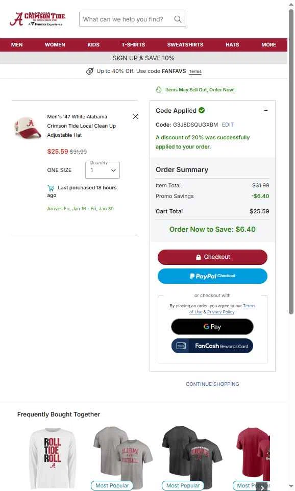 Alabama Crimson Tide Online Store checkout page showing Alabama Crimson Tide Online Store promo code box | Screenshot taken by SimplyCodes community member on Dec 30, 2025
