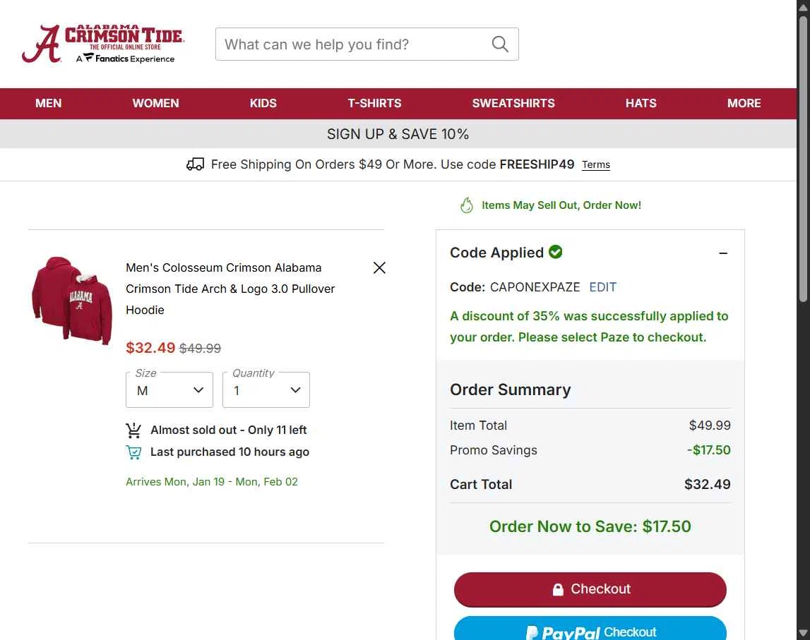 Alabama Crimson Tide Online Store checkout page showing Alabama Crimson Tide Online Store promo code box | Screenshot taken by SimplyCodes community member on Jan 2, 2026