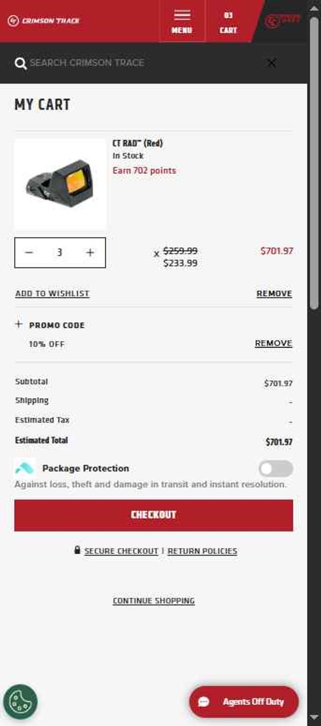 Crimson Trace checkout page showing Crimson Trace promo code box | Screenshot taken by SimplyCodes community member on May 6, 2025