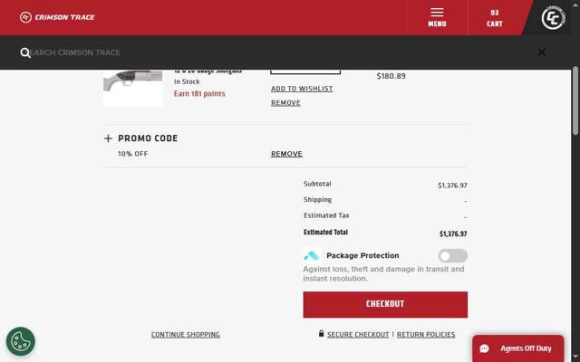 Crimson Trace checkout page showing Crimson Trace promo code box | Screenshot taken by SimplyCodes community member on May 22, 2025