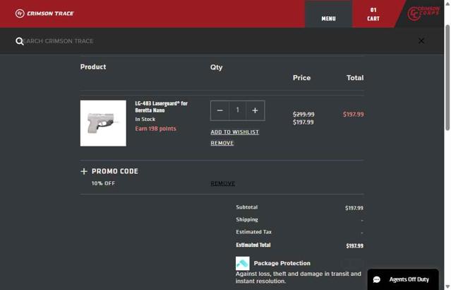 Crimson Trace checkout page showing Crimson Trace promo code box | Screenshot taken by SimplyCodes community member on May 6, 2025