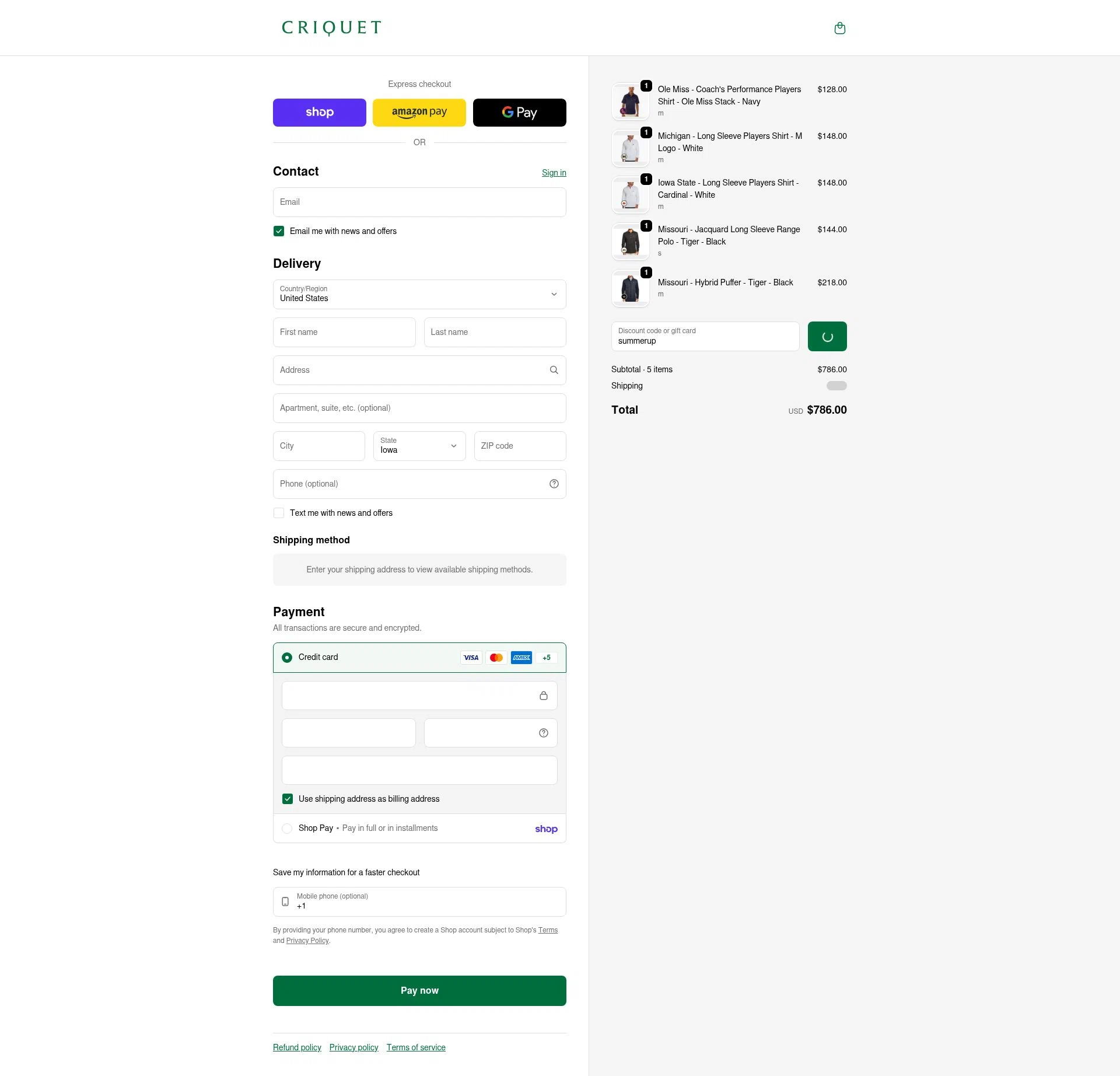 Criquet Shirts checkout page showing Criquet Shirts promo code box | Screenshot taken by SimplyCodes community member on Feb 13, 2026