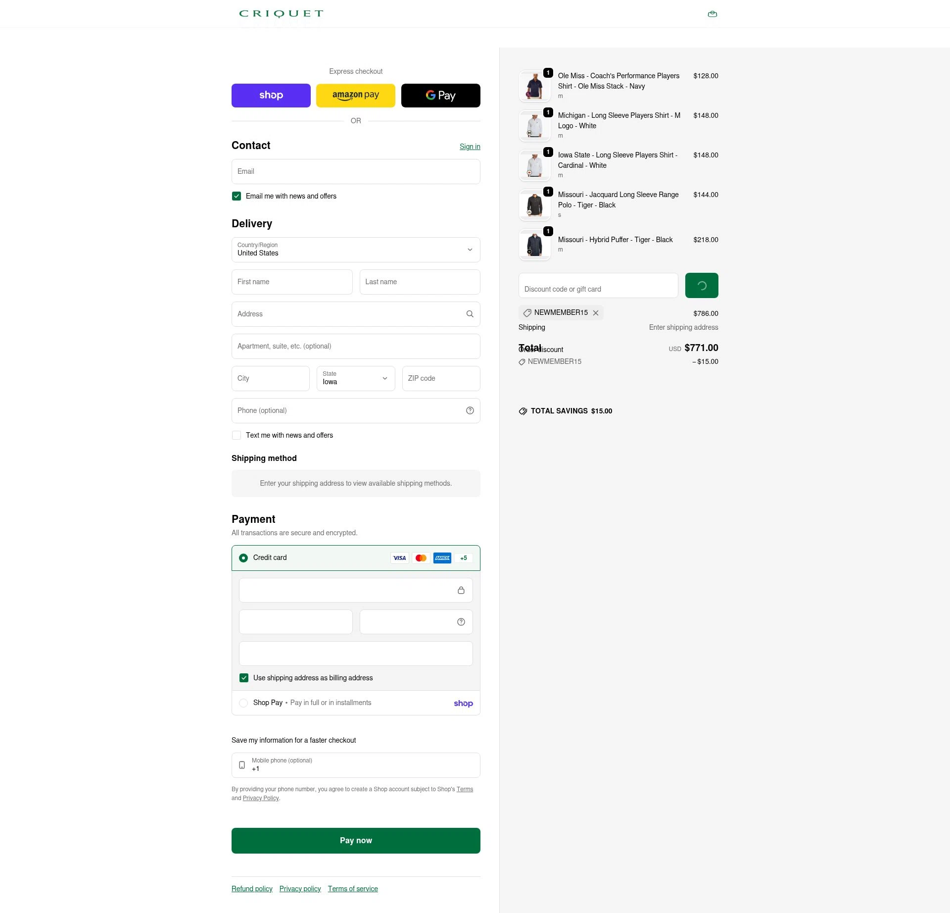 Criquet Shirts checkout page showing Criquet Shirts promo code box | Screenshot taken by SimplyCodes community member on Feb 9, 2026