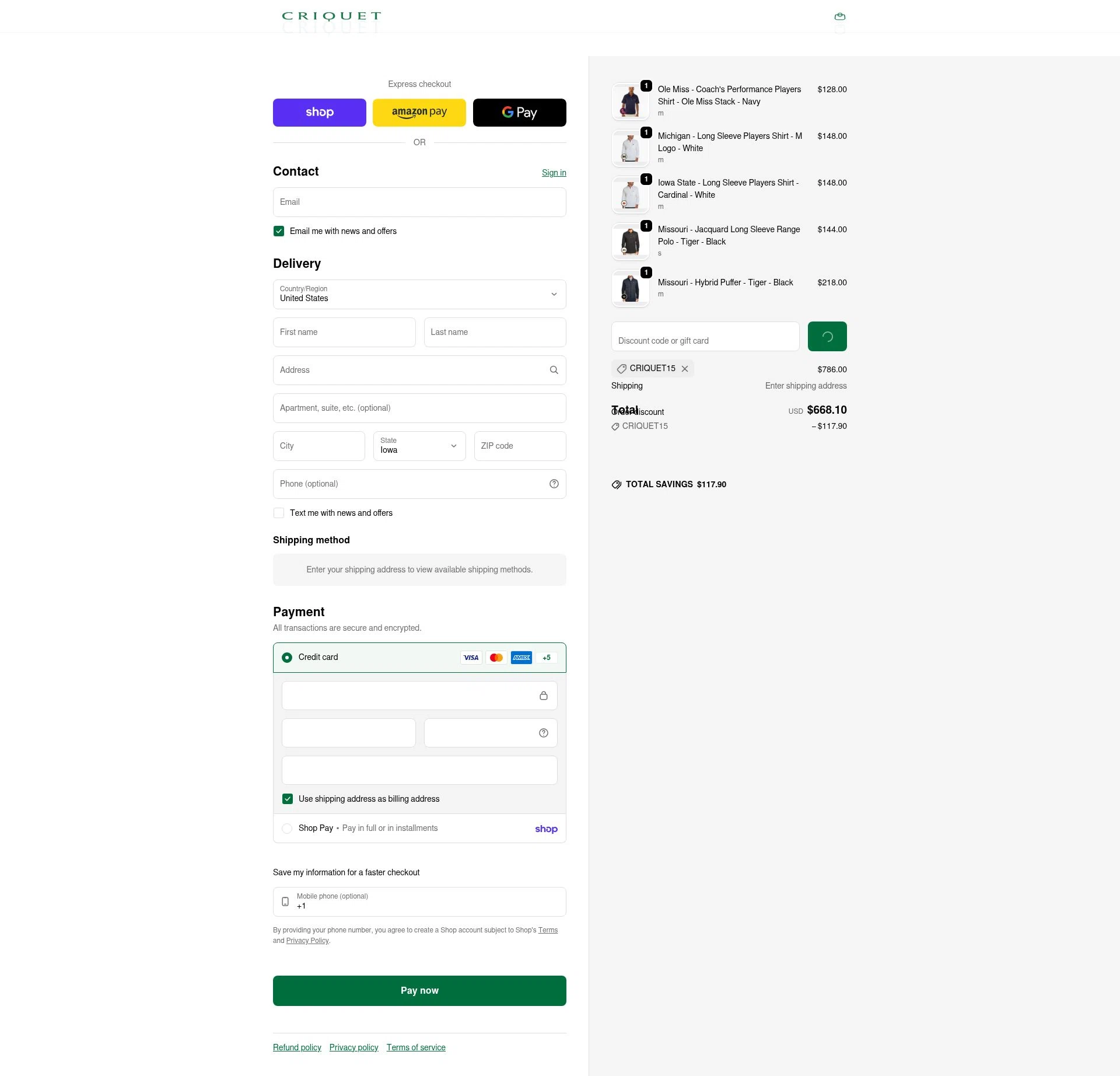 Criquet Shirts checkout page showing Criquet Shirts promo code box | Screenshot taken by SimplyCodes community member on Feb 13, 2026