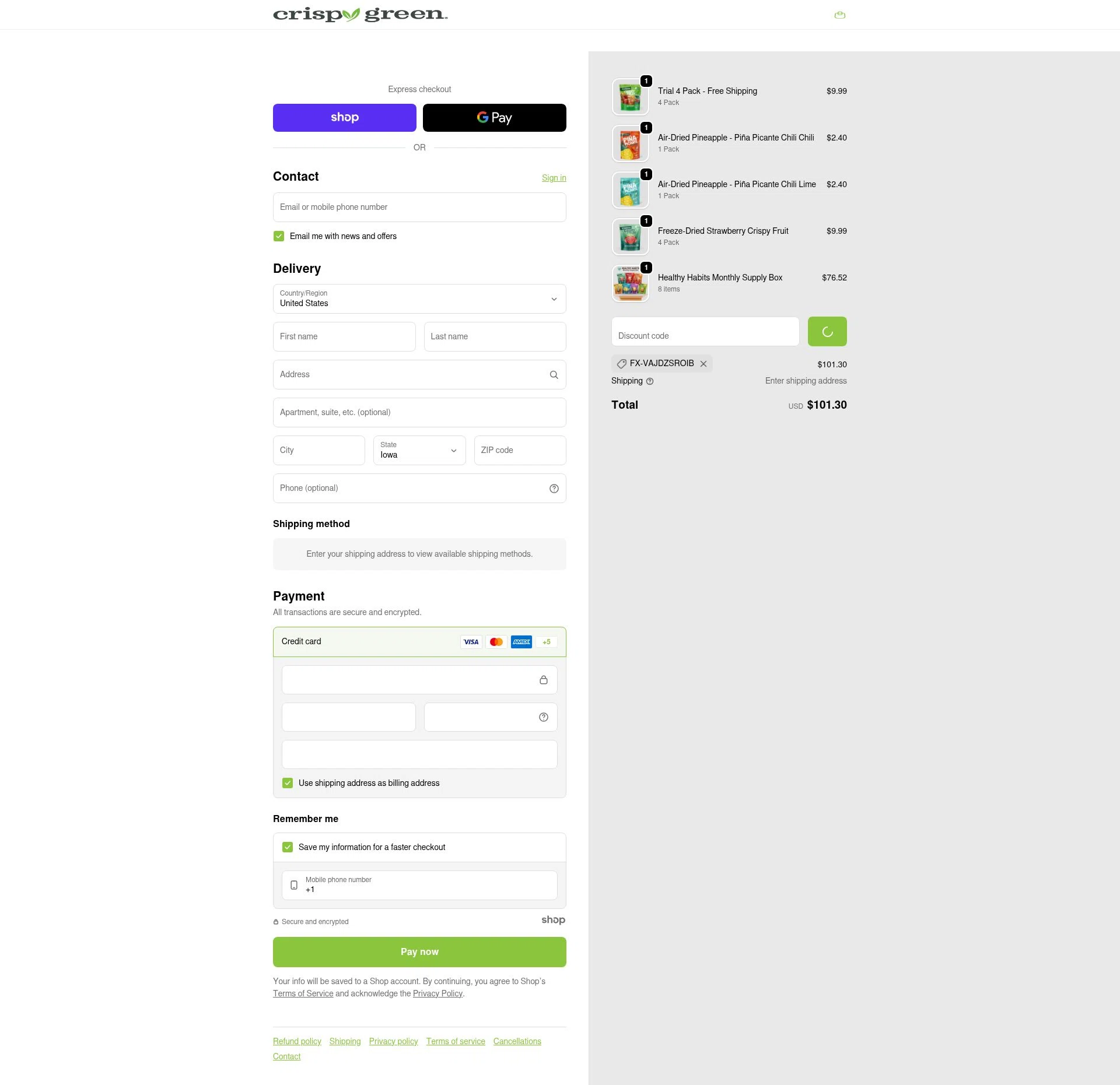 Crispy Green checkout page showing Crispy Green promo code box | Screenshot taken by SimplyCodes community member on Jan 16, 2026