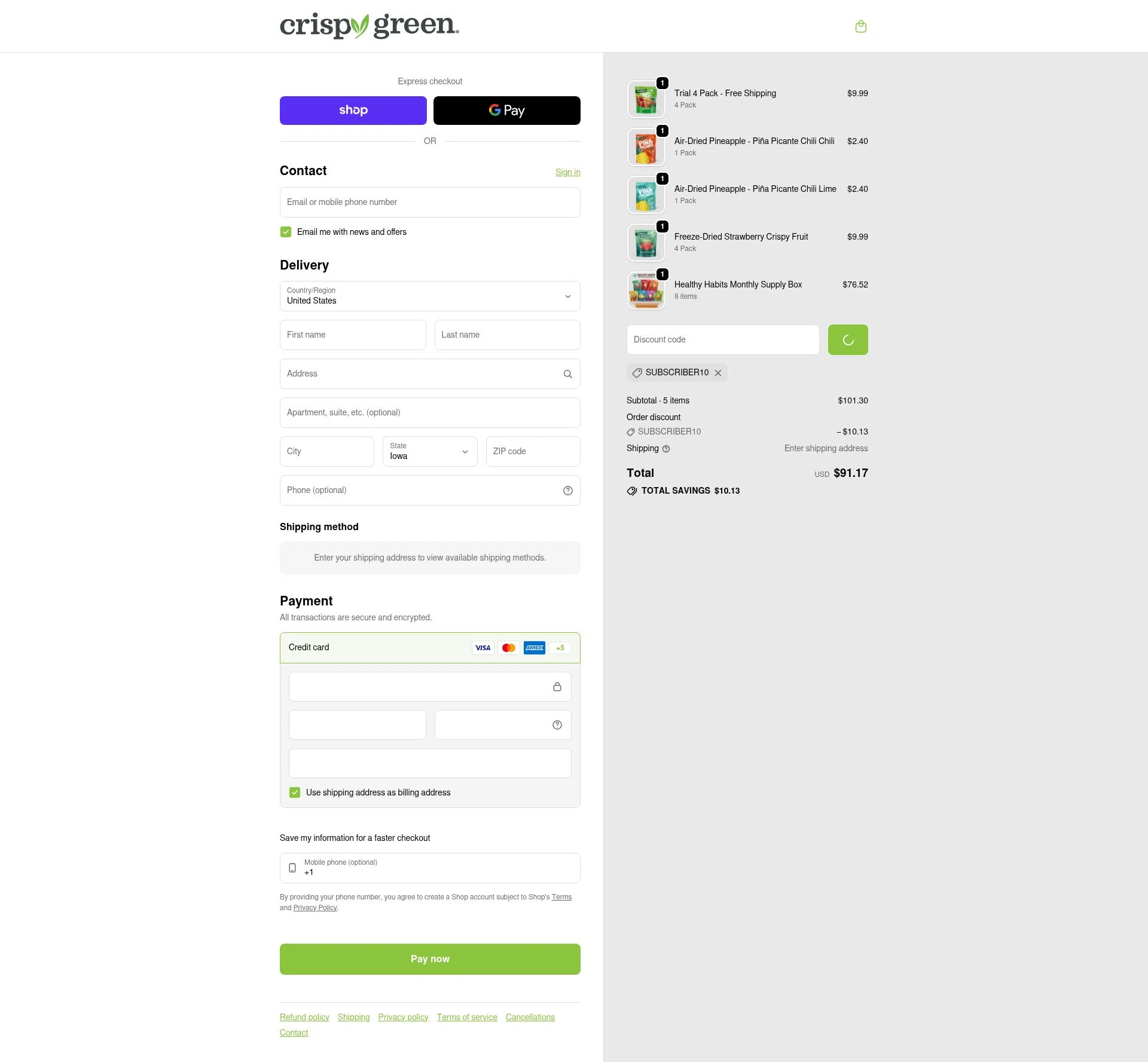 Crispy Green checkout page showing Crispy Green promo code box | Screenshot taken by SimplyCodes community member on Feb 3, 2026