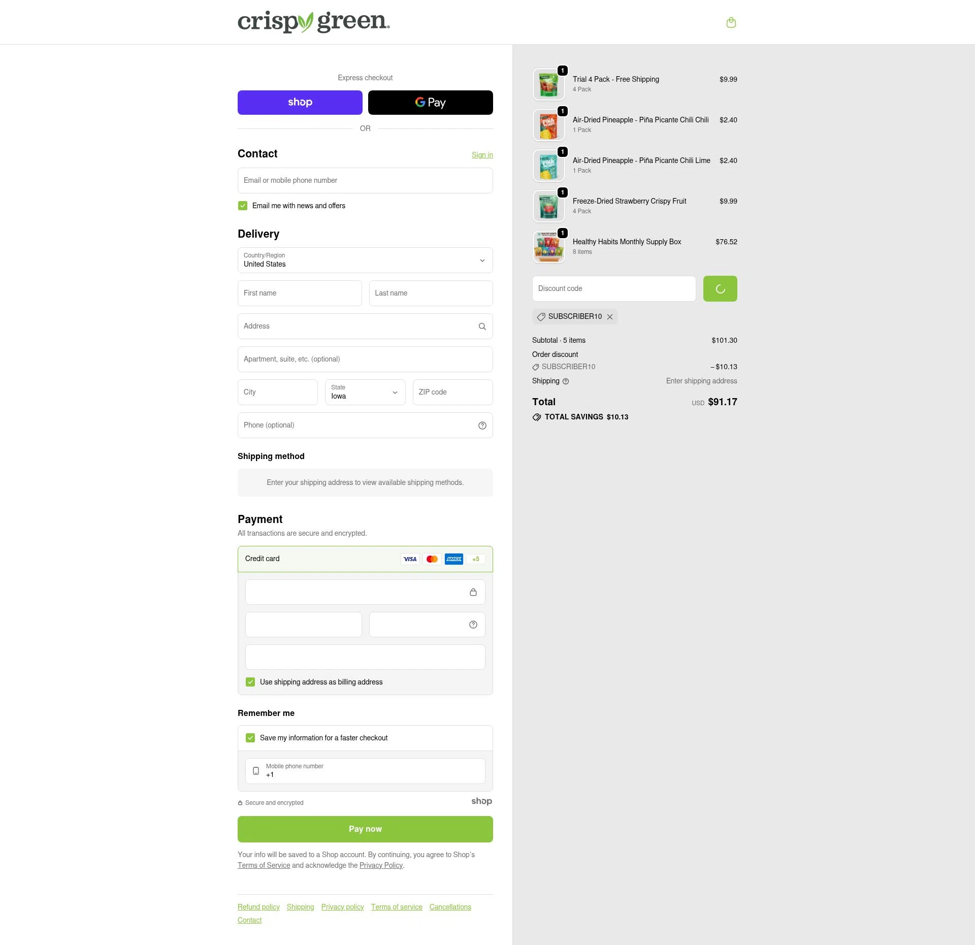 Crispy Green checkout page showing Crispy Green promo code box | Screenshot taken by SimplyCodes community member on Jan 16, 2026