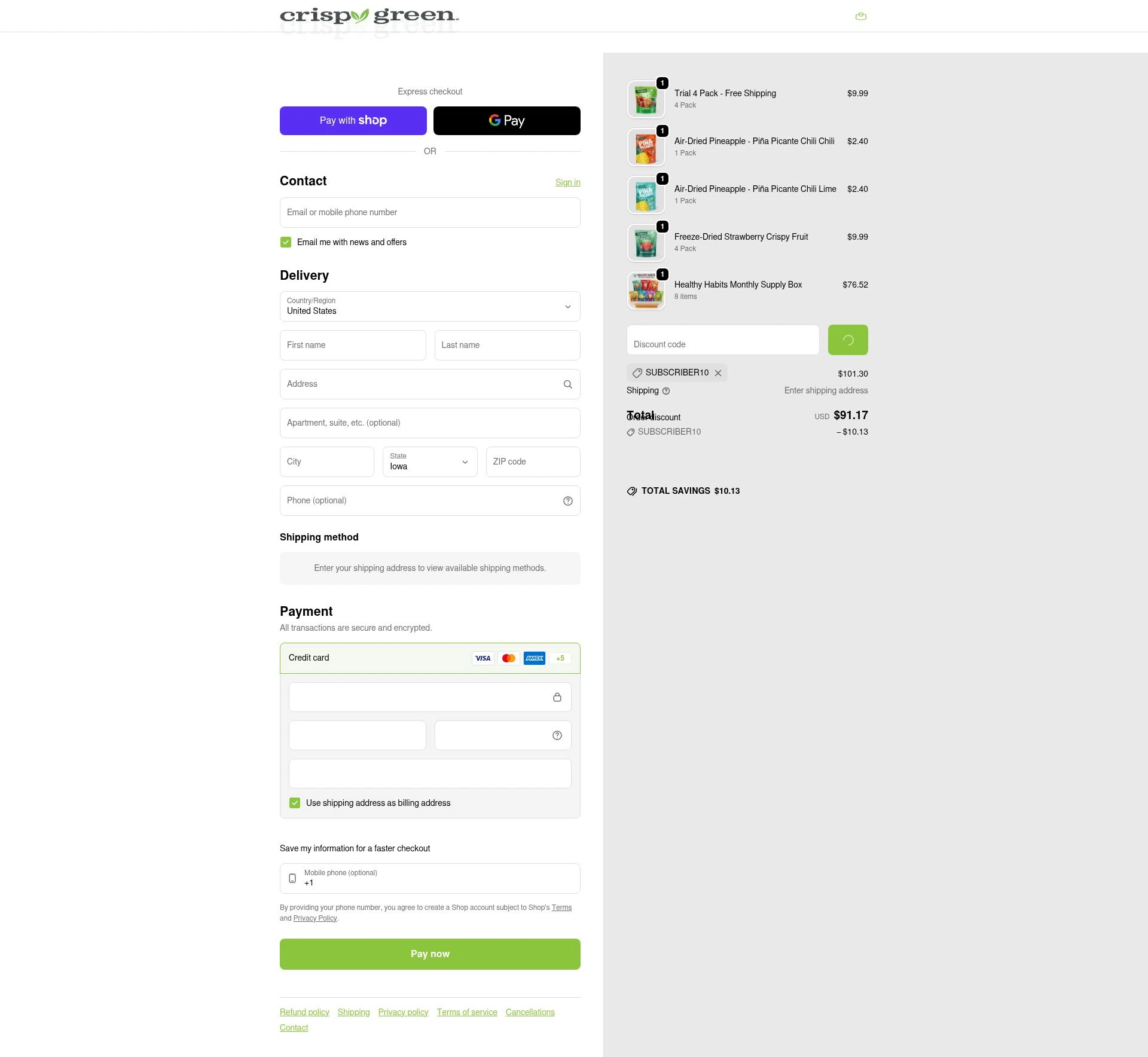 Crispy Green checkout page showing Crispy Green promo code box | Screenshot taken by SimplyCodes community member on Jan 11, 2026