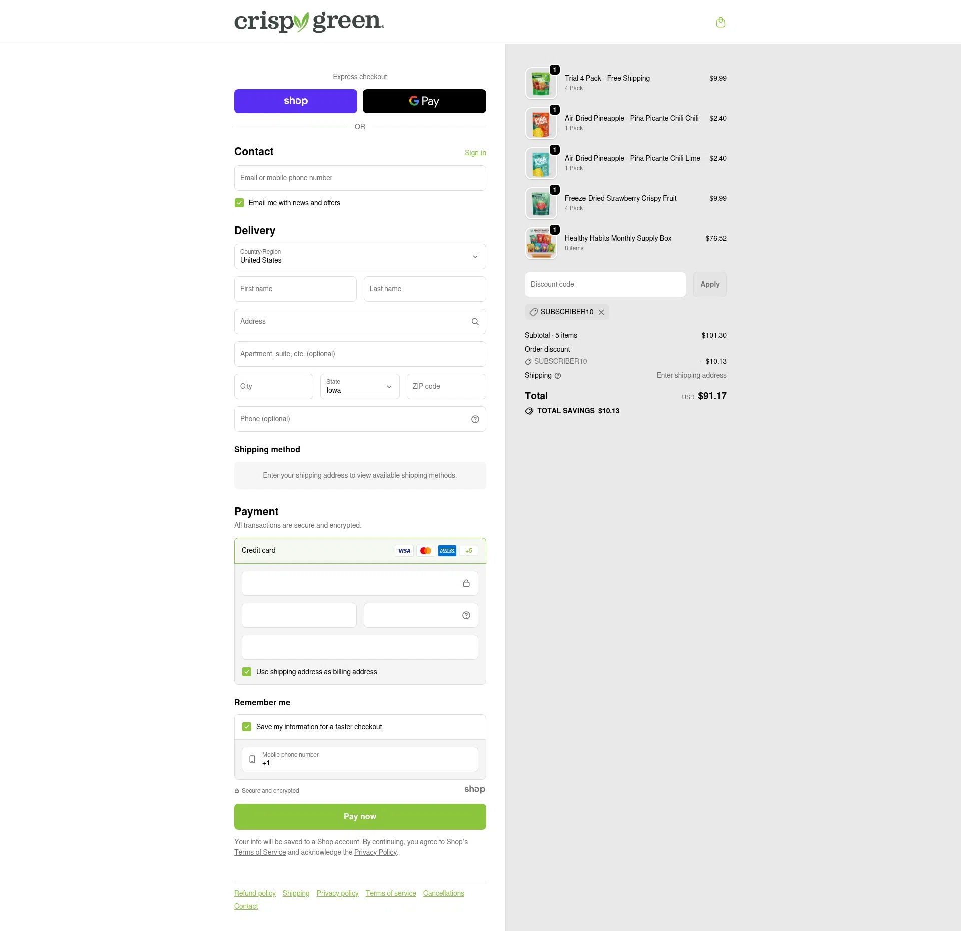 Crispy Green checkout page showing Crispy Green promo code box | Screenshot taken by SimplyCodes community member on Jan 21, 2026