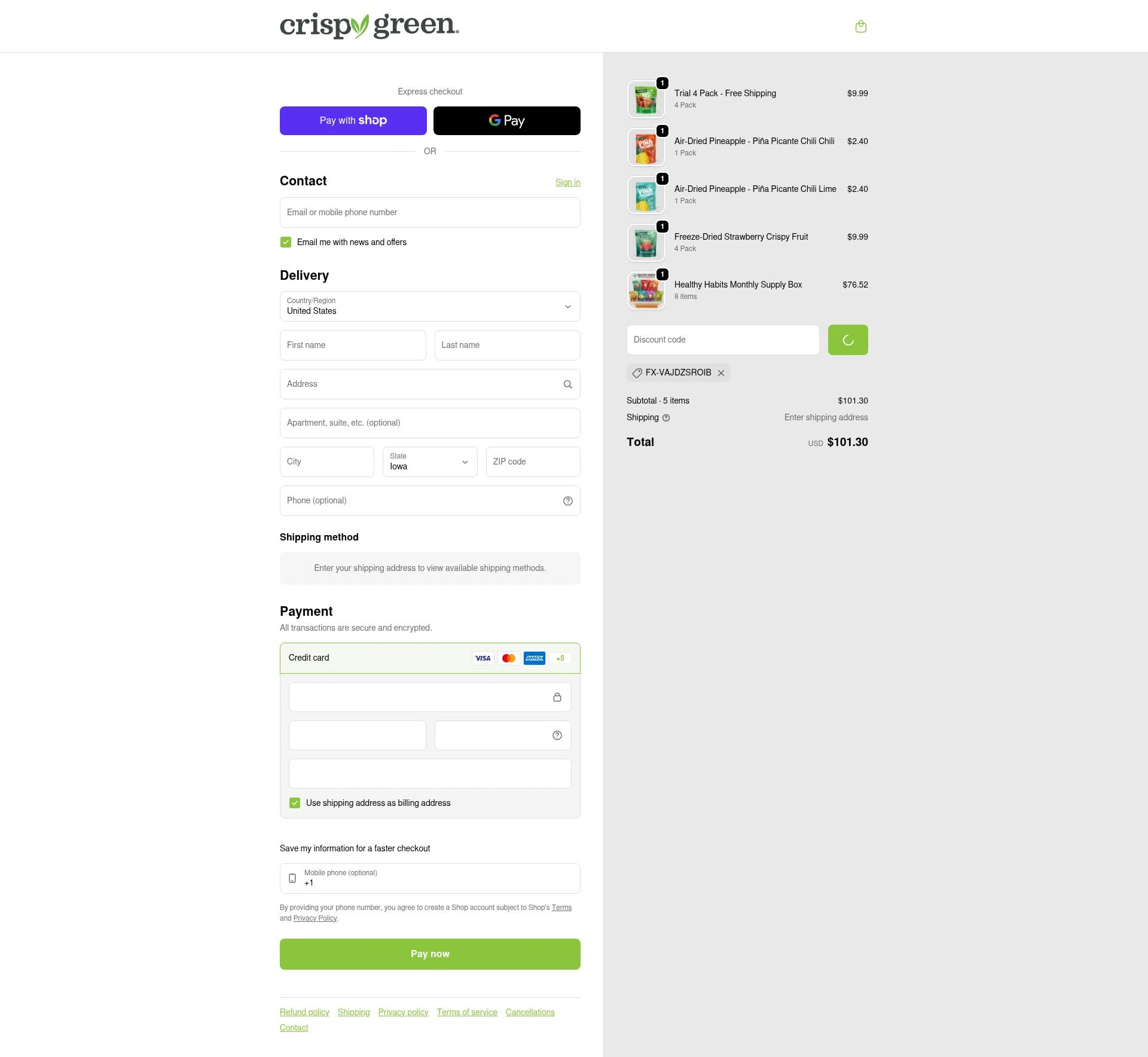 Crispy Green checkout page showing Crispy Green promo code box | Screenshot taken by SimplyCodes community member on Jan 11, 2026