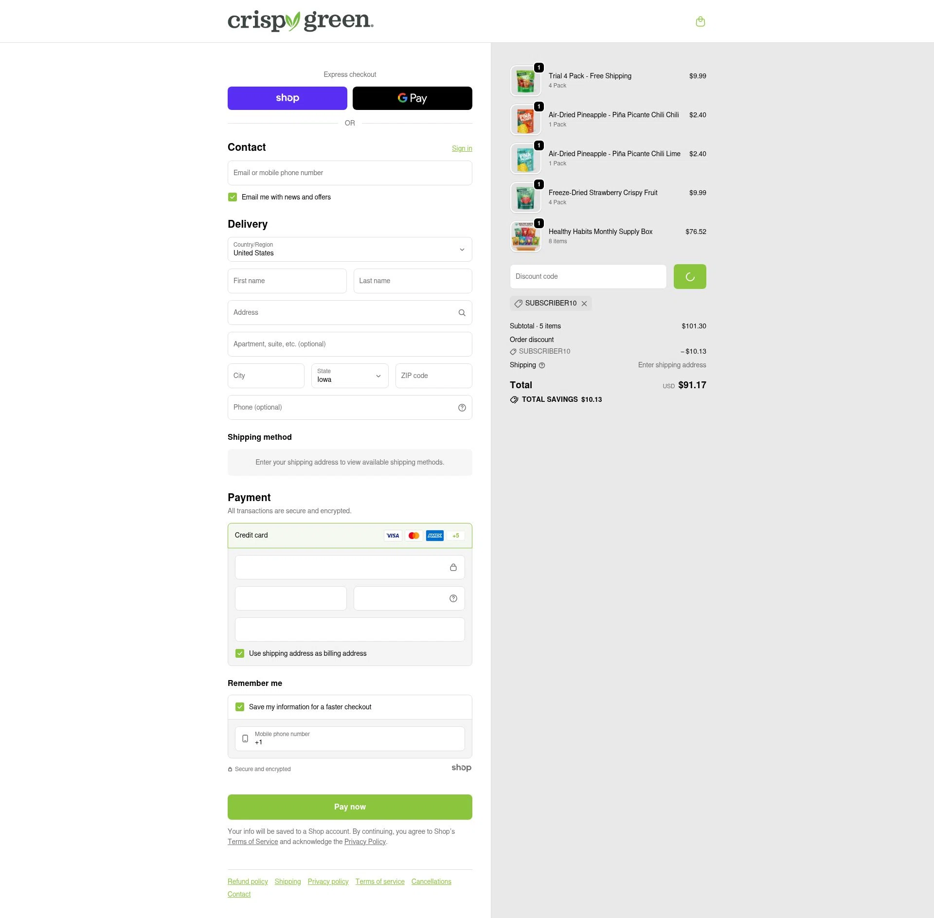 Crispy Green checkout page showing Crispy Green promo code box | Screenshot taken by SimplyCodes community member on Jan 30, 2026