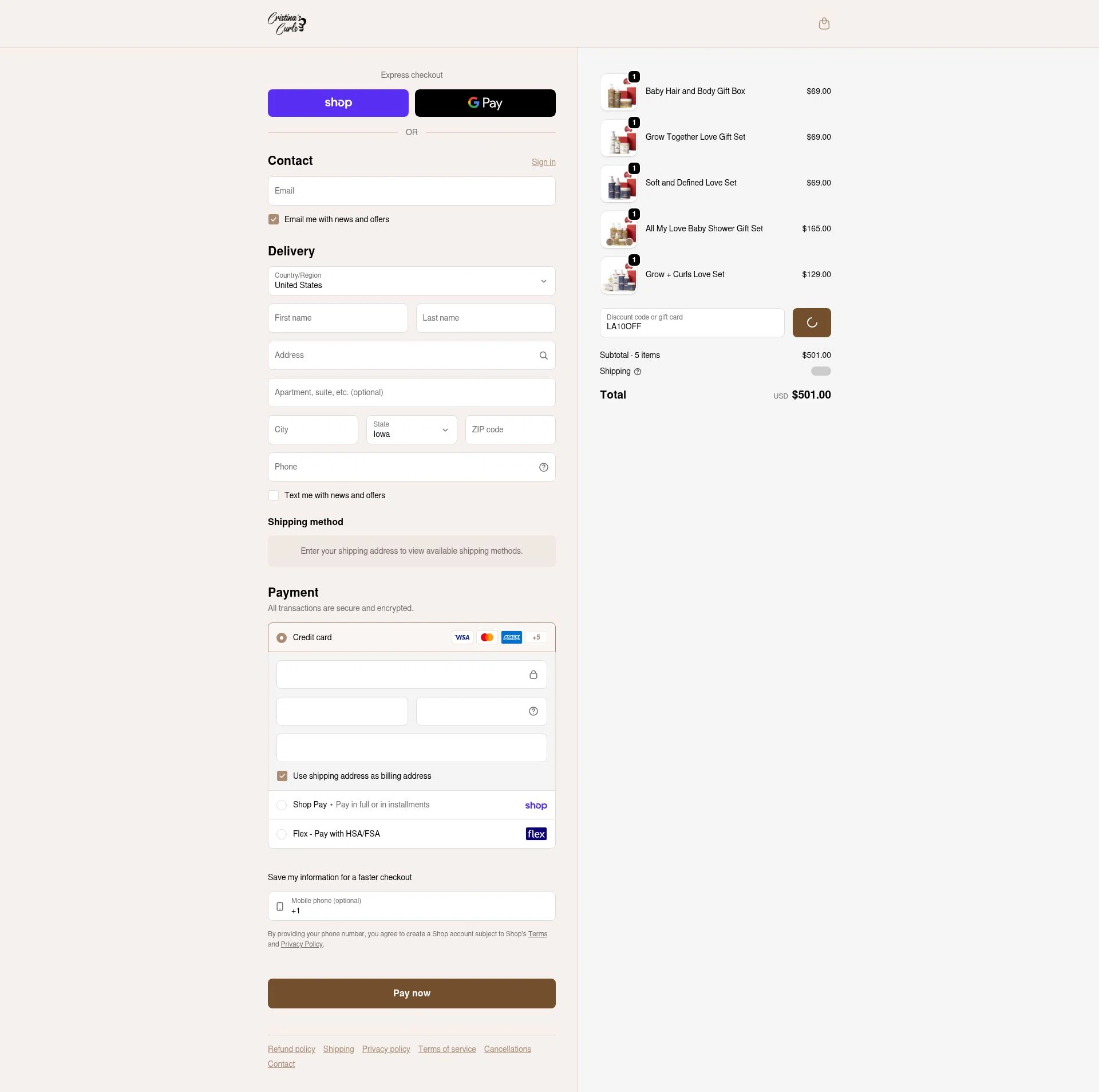 Cristina's Curls checkout page showing Cristina's Curls promo code box | Screenshot taken by SimplyCodes community member on Feb 14, 2026
