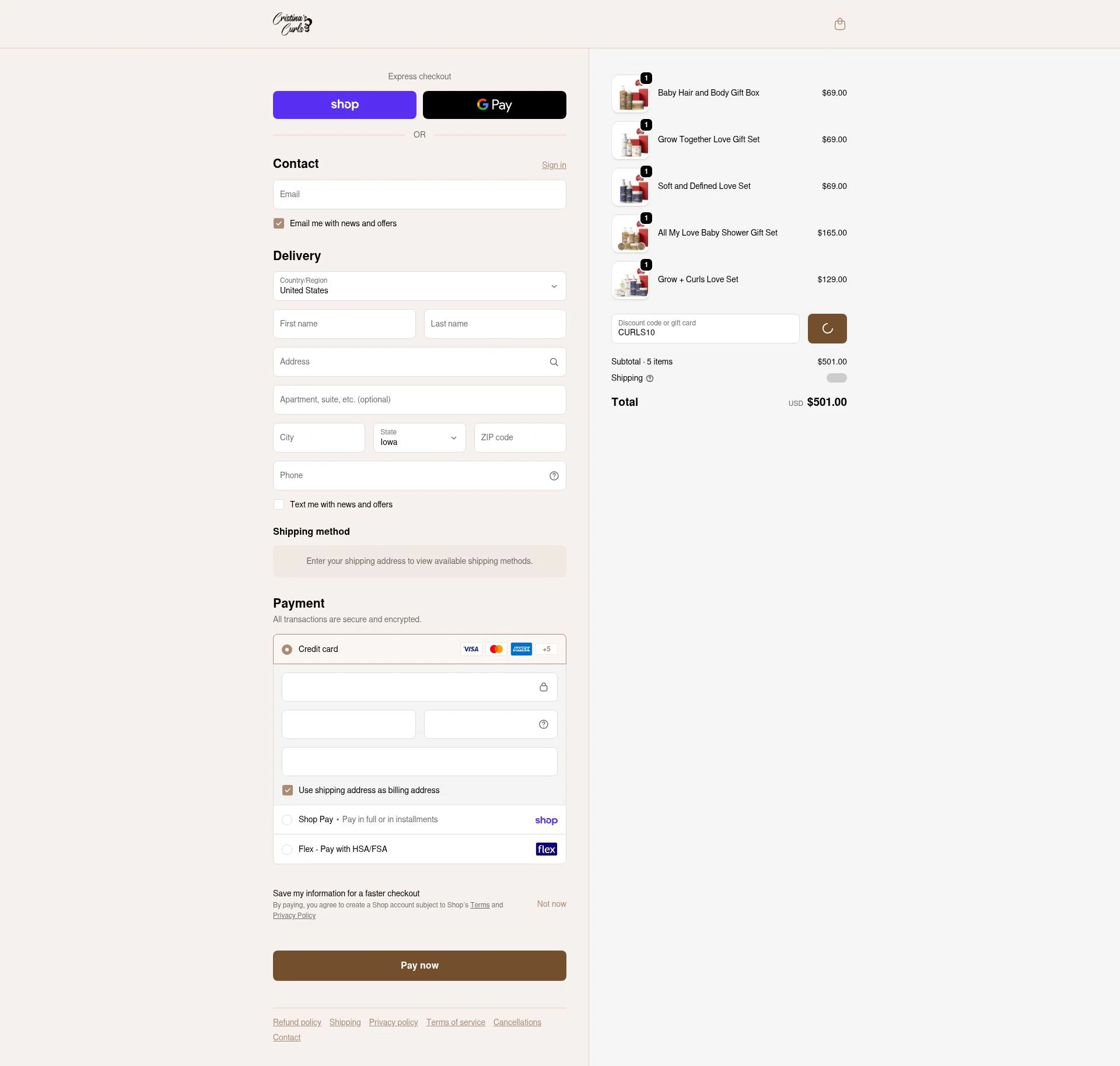 Cristina's Curls checkout page showing Cristina's Curls promo code box | Screenshot taken by SimplyCodes community member on Feb 14, 2026