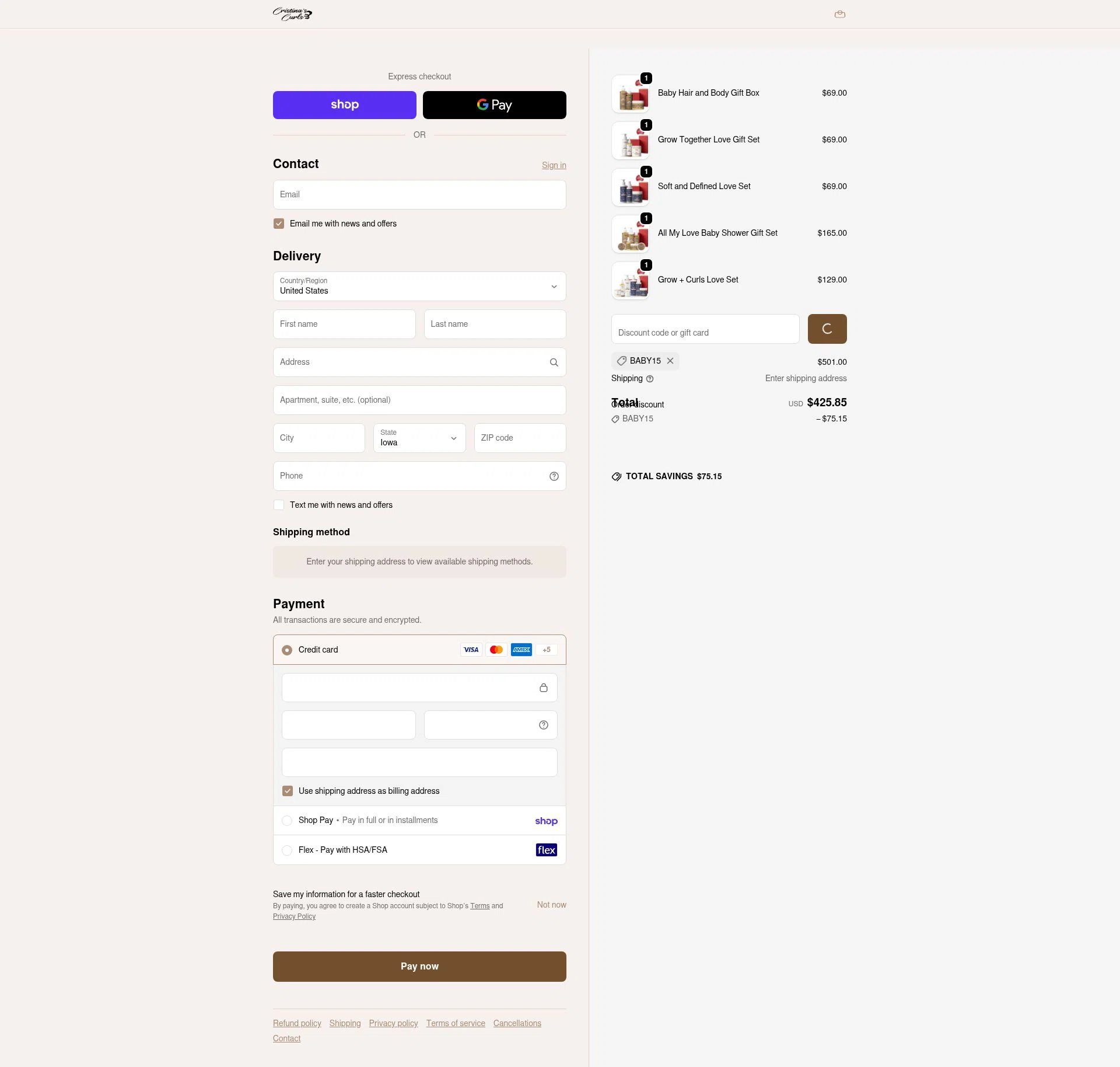 Cristina's Curls checkout page showing Cristina's Curls promo code box | Screenshot taken by SimplyCodes community member on Feb 14, 2026