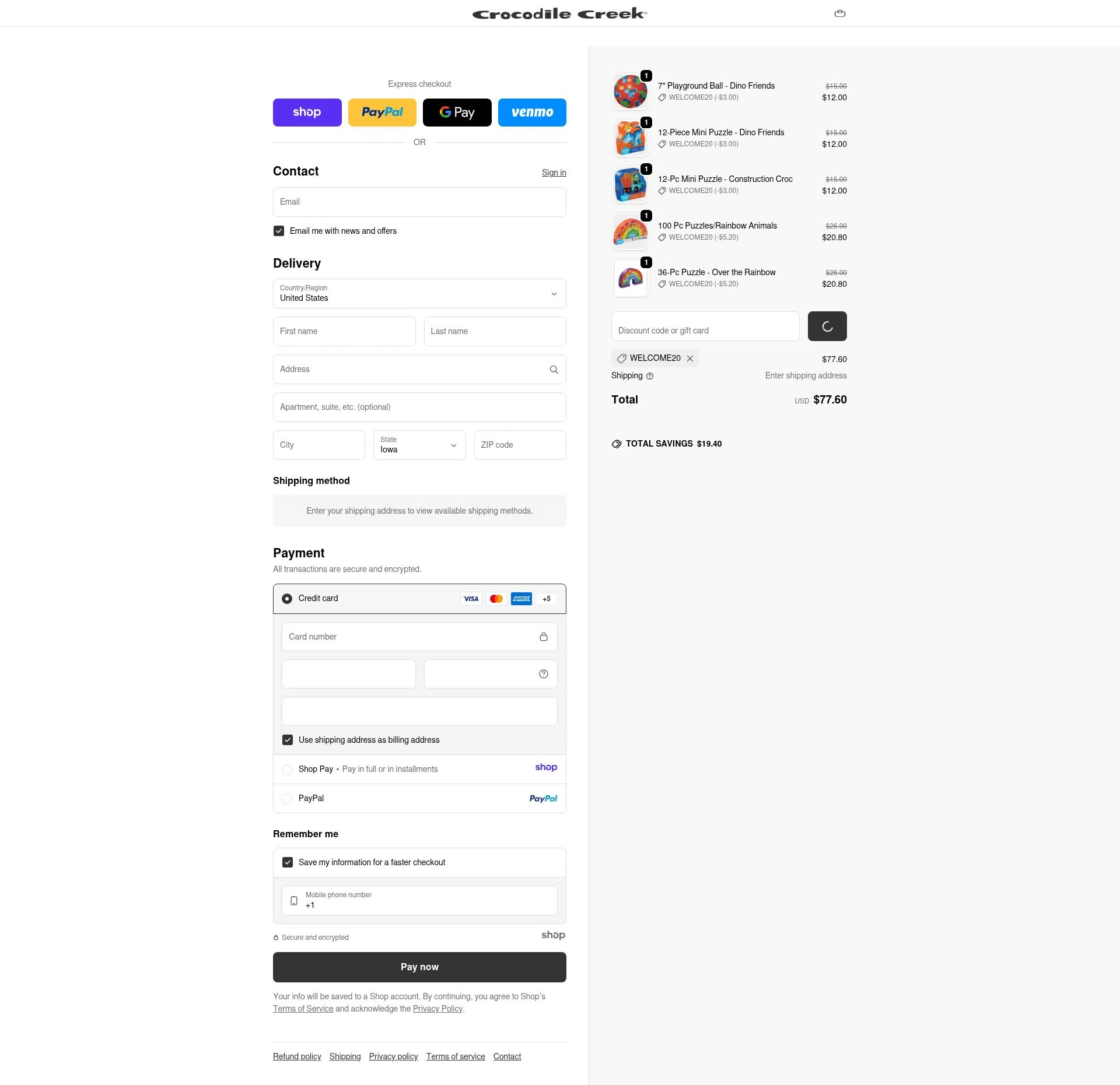 Crocodile Creek checkout page showing Crocodile Creek promo code box | Screenshot taken by SimplyCodes community member on Jan 10, 2026