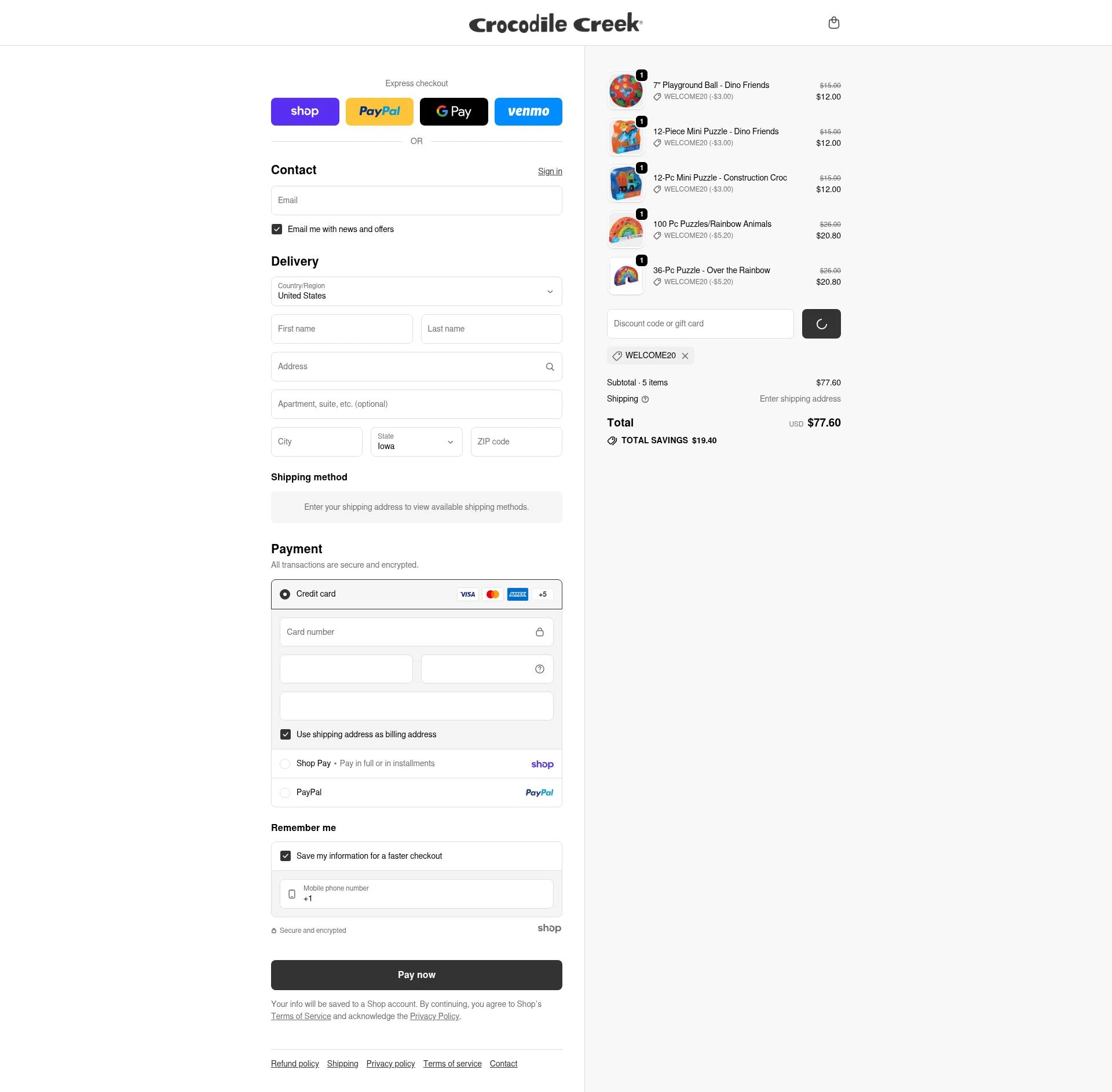 Crocodile Creek checkout page showing Crocodile Creek promo code box | Screenshot taken by SimplyCodes community member on Jan 24, 2026