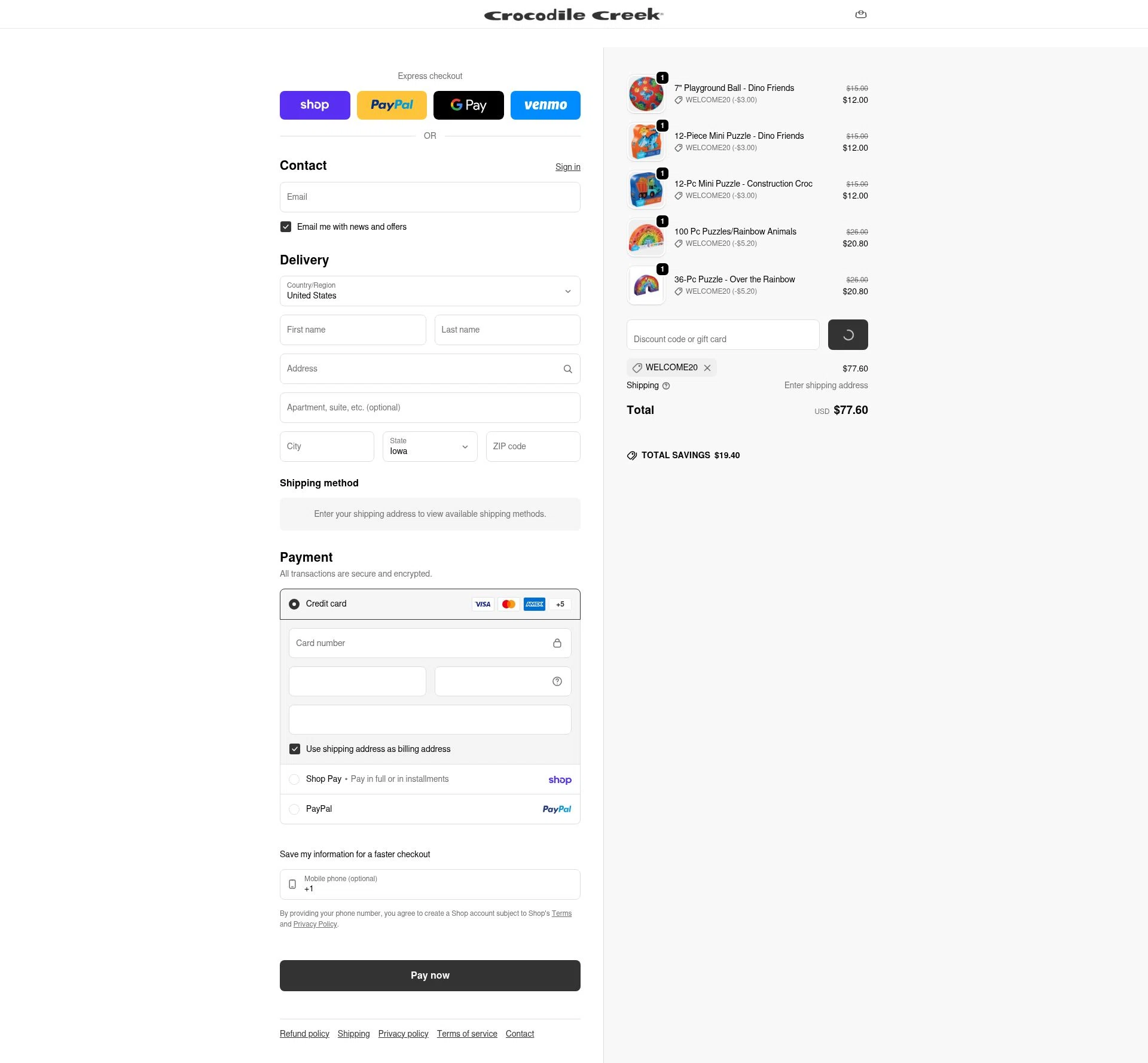 Crocodile Creek checkout page showing Crocodile Creek promo code box | Screenshot taken by SimplyCodes community member on Feb 2, 2026