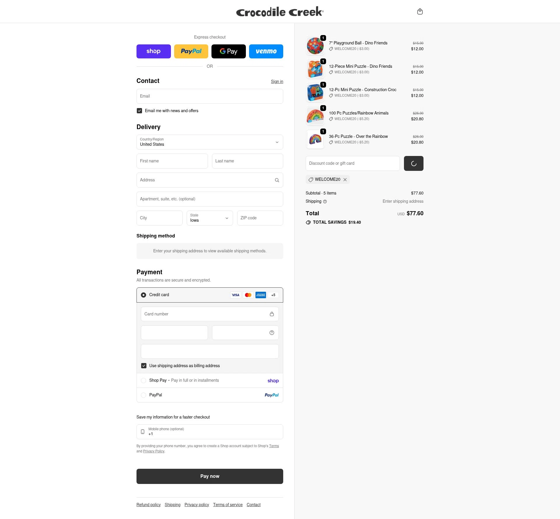 Crocodile Creek checkout page showing Crocodile Creek promo code box | Screenshot taken by SimplyCodes community member on Feb 6, 2026