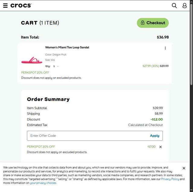 Crocs checkout page showing Crocs promo code box | Screenshot taken by SimplyCodes community member on Aug 14, 2025
