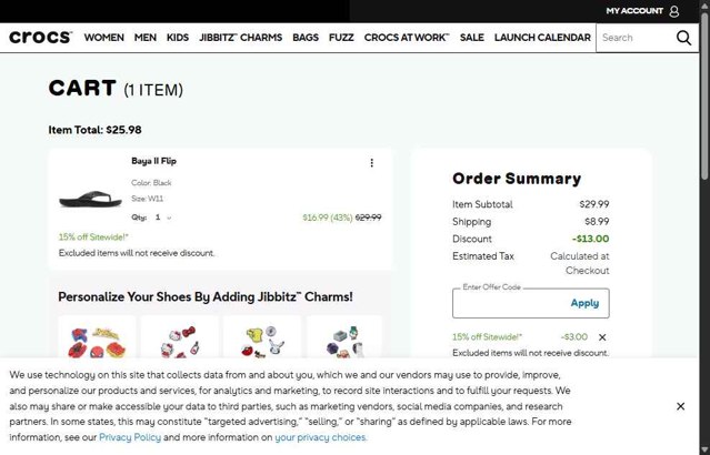 Crocs checkout page showing Crocs promo code box | Screenshot taken by SimplyCodes community member on Aug 15, 2025