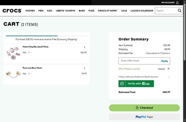 Crocs checkout page showing Crocs promo code box | Screenshot taken by SimplyCodes community member on Aug 23, 2025