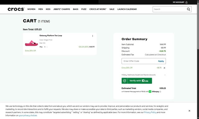 Crocs checkout page showing Crocs promo code box | Screenshot taken by SimplyCodes community member on Aug 23, 2025