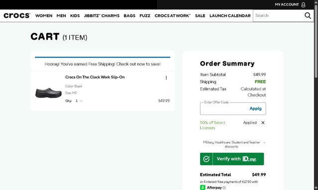 Crocs checkout page showing Crocs promo code box | Screenshot taken by SimplyCodes community member on Aug 25, 2025