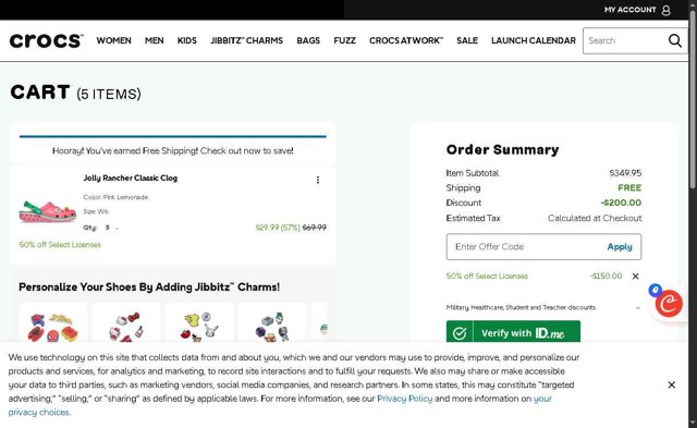 Crocs checkout page showing Crocs promo code box | Screenshot taken by SimplyCodes community member on Aug 15, 2025