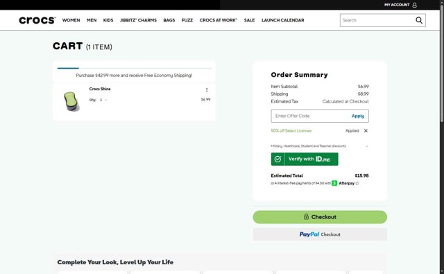 Crocs checkout page showing Crocs promo code box | Screenshot taken by SimplyCodes community member on Aug 23, 2025