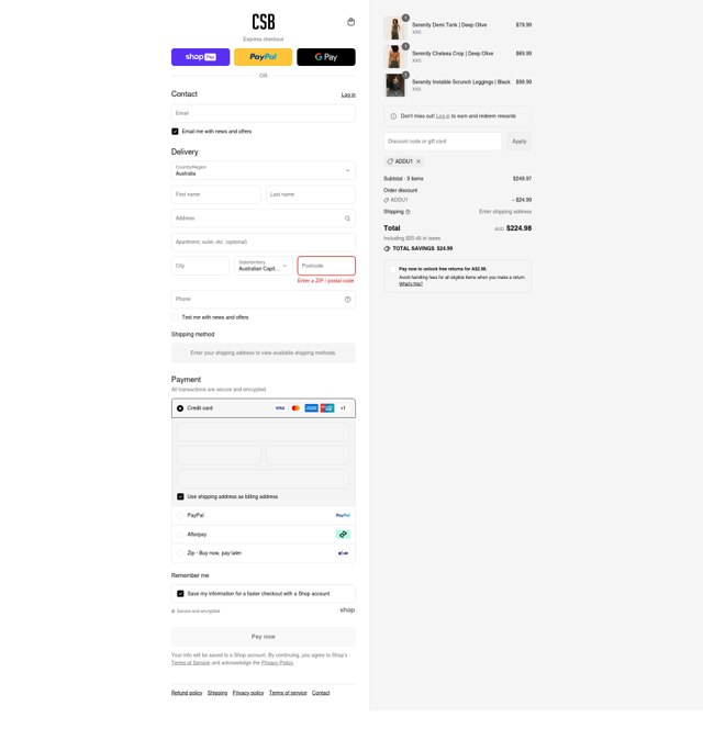Crop Shop Boutique US checkout page showing Crop Shop Boutique US promo code box | Screenshot taken by SimplyCodes community member on Aug 25, 2025