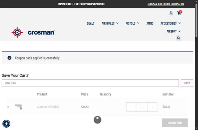 Crosman checkout page showing Crosman discount code box | Screenshot taken by SimplyCodes community member on Aug 25, 2025