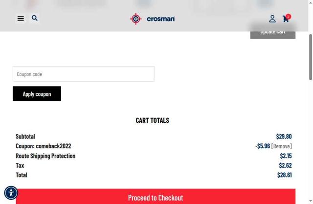 Crosman checkout page showing Crosman discount code box | Screenshot taken by SimplyCodes community member on Aug 27, 2025