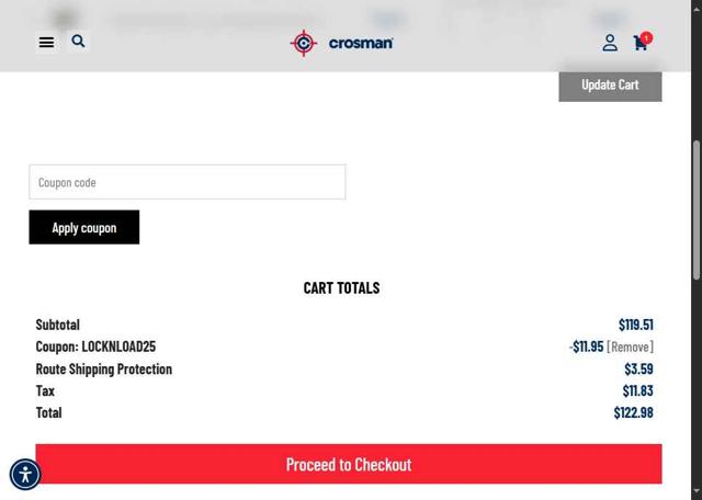 Crosman checkout page showing Crosman discount code box | Screenshot taken by SimplyCodes community member on Jul 17, 2025