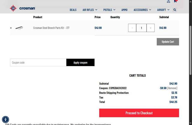 Crosman checkout page showing Crosman discount code box | Screenshot taken by SimplyCodes community member on Jul 5, 2025