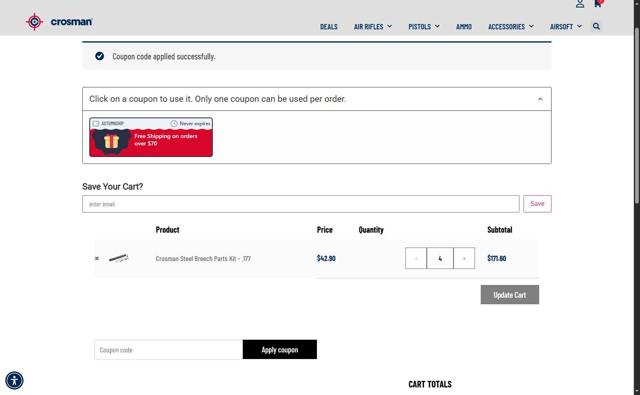 Crosman checkout page showing Crosman discount code box | Screenshot taken by SimplyCodes community member on Sep 15, 2025