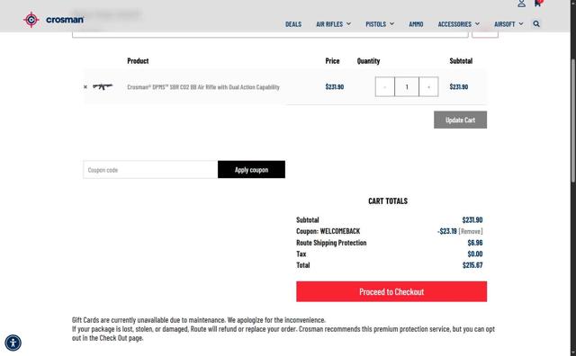 Crosman checkout page showing Crosman discount code box | Screenshot taken by SimplyCodes community member on Jul 5, 2025