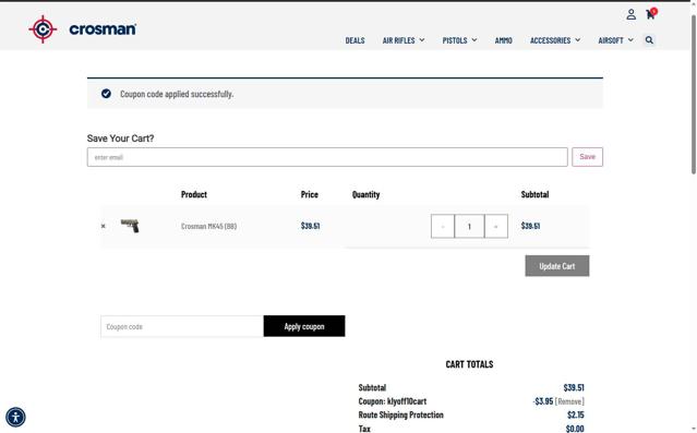 Crosman checkout page showing Crosman discount code box | Screenshot taken by SimplyCodes community member on Jul 27, 2025