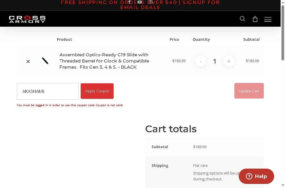 Cross Armory checkout page showing Cross Armory discount code box | Screenshot taken by SimplyCodes community member on Dec 25, 2025
