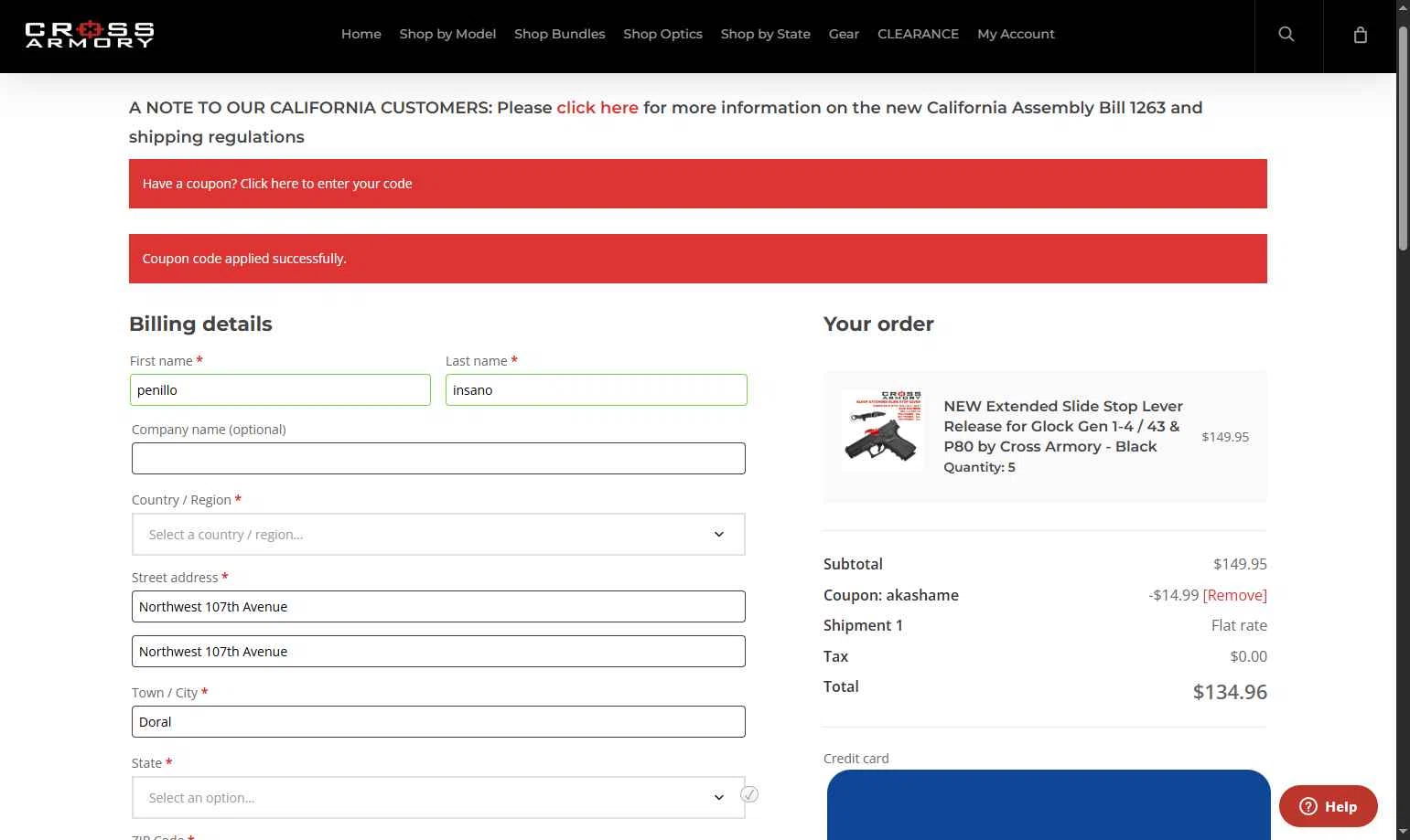 Cross Armory checkout page showing Cross Armory discount code box | Screenshot taken by SimplyCodes community member on Feb 14, 2026