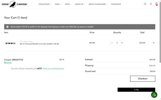 Crow Canyon Home checkout page showing Crow Canyon Home promo code box | Screenshot taken by SimplyCodes community member on Aug 16, 2025