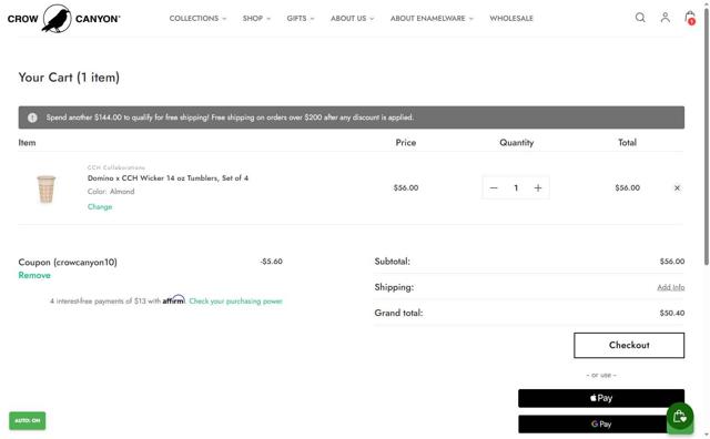 Crow Canyon Home checkout page showing Crow Canyon Home promo code box | Screenshot taken by SimplyCodes community member on Sep 11, 2025