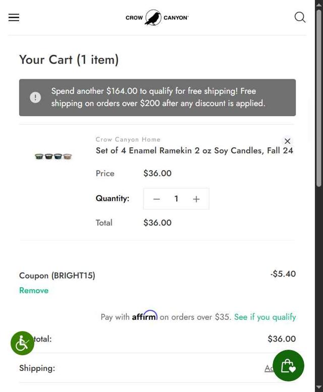 Crow Canyon Home checkout page showing Crow Canyon Home promo code box | Screenshot taken by SimplyCodes community member on Sep 14, 2025