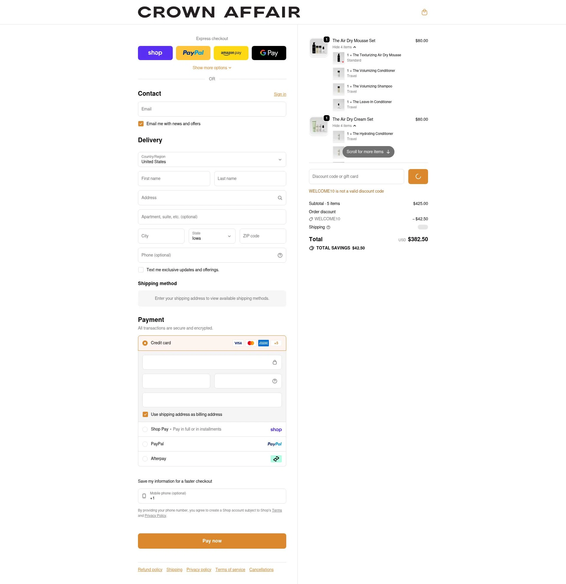 Crown Affair checkout page showing Crown Affair discount code box | Screenshot taken by SimplyCodes community member on Feb 11, 2026