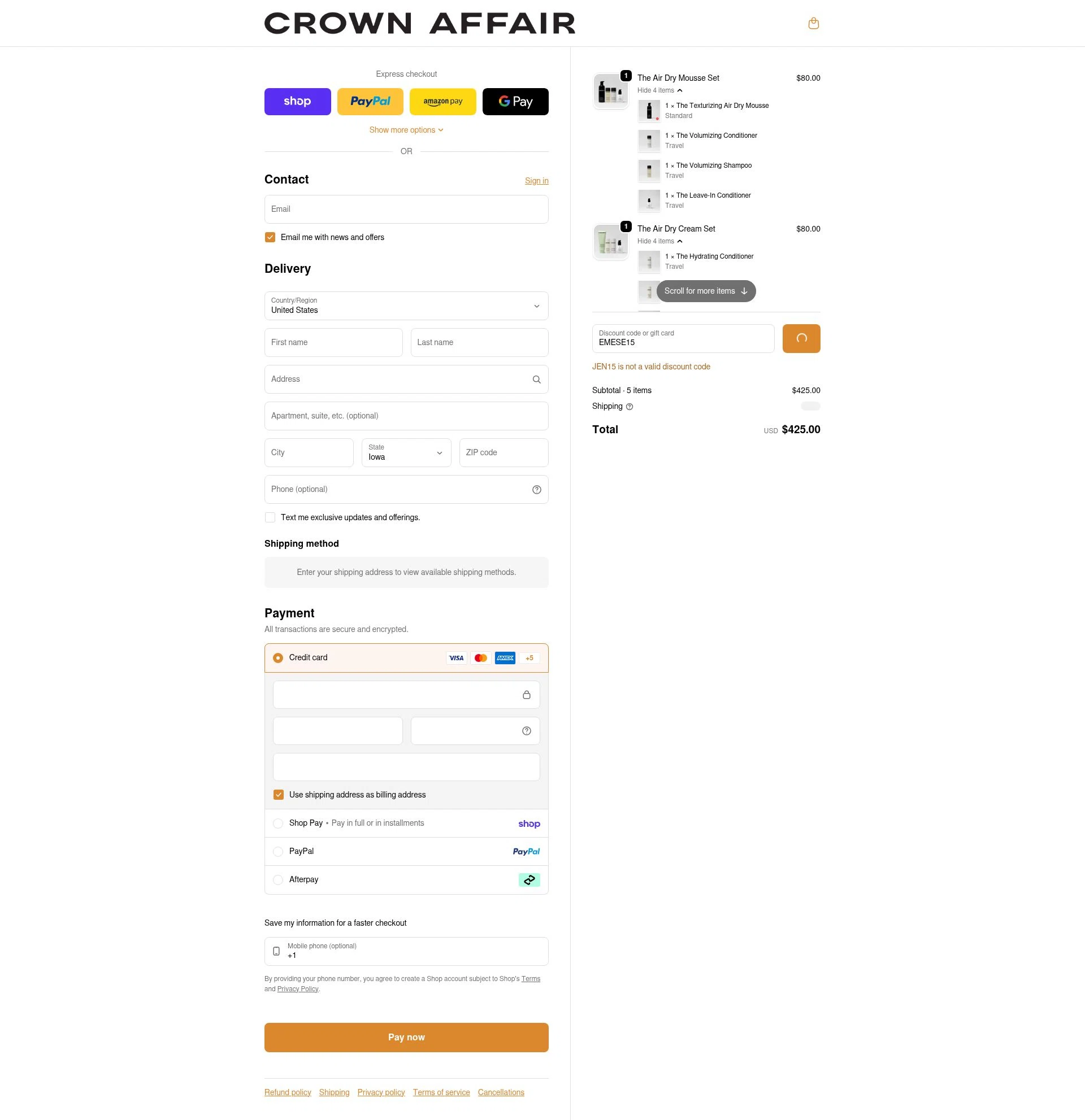Crown Affair checkout page showing Crown Affair discount code box | Screenshot taken by SimplyCodes community member on Feb 11, 2026