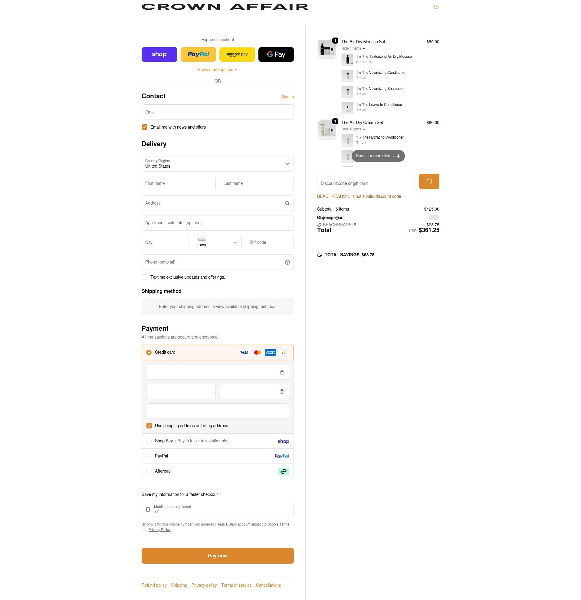 Crown Affair checkout page showing Crown Affair discount code box | Screenshot taken by SimplyCodes community member on Feb 11, 2026