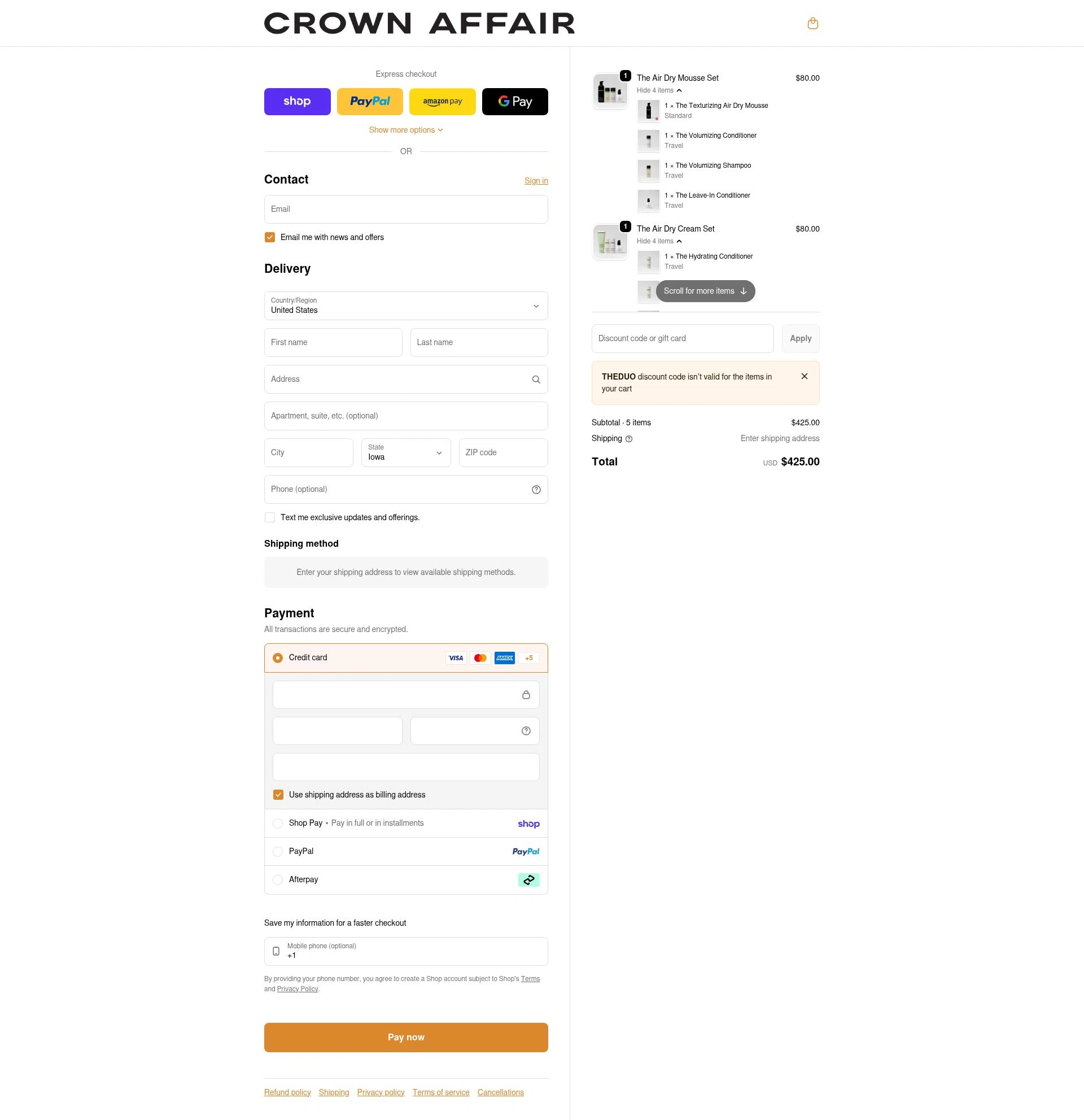 Crown Affair checkout page showing Crown Affair discount code box | Screenshot taken by SimplyCodes community member on Feb 11, 2026