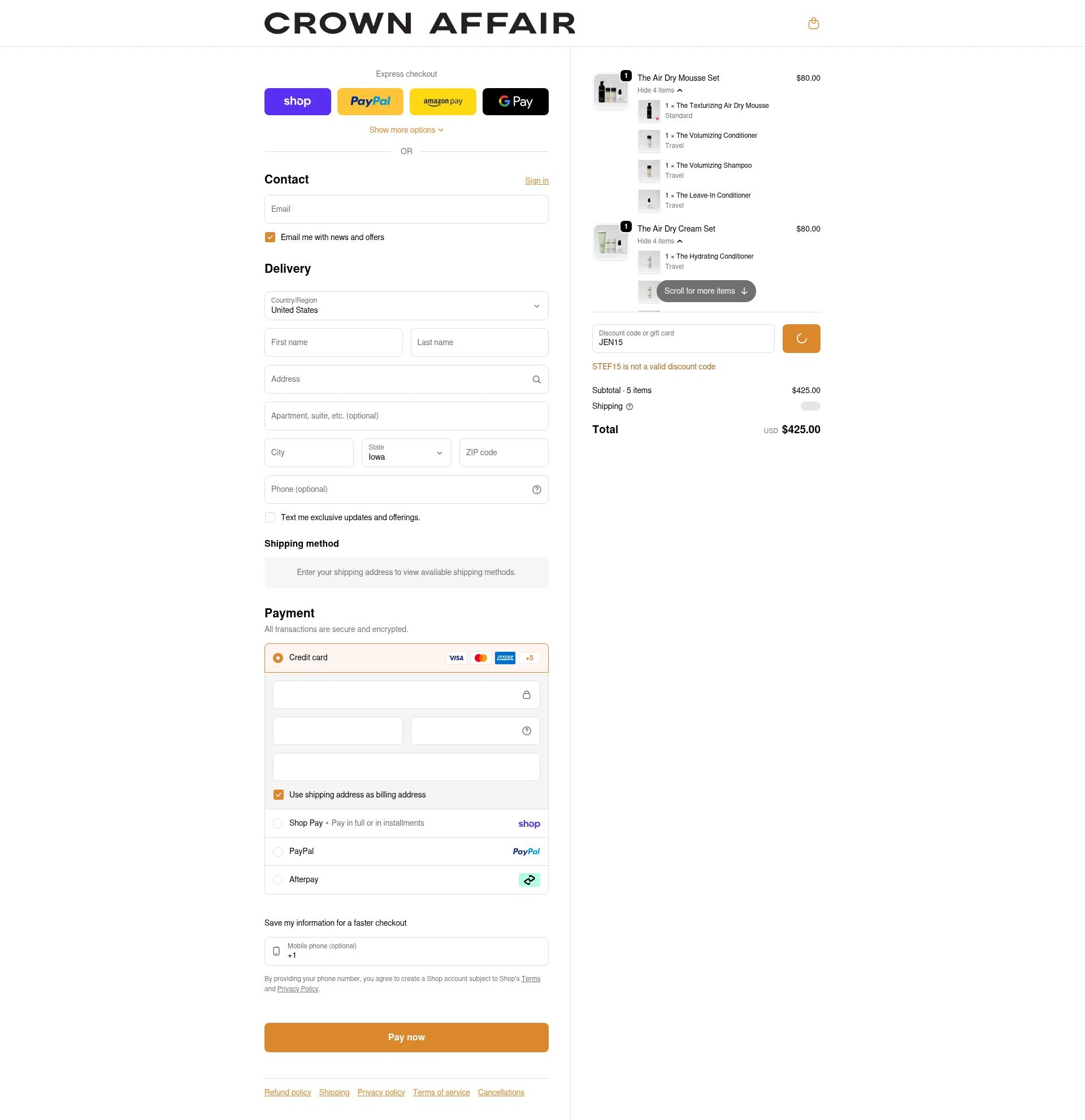 Crown Affair checkout page showing Crown Affair discount code box | Screenshot taken by SimplyCodes community member on Feb 11, 2026