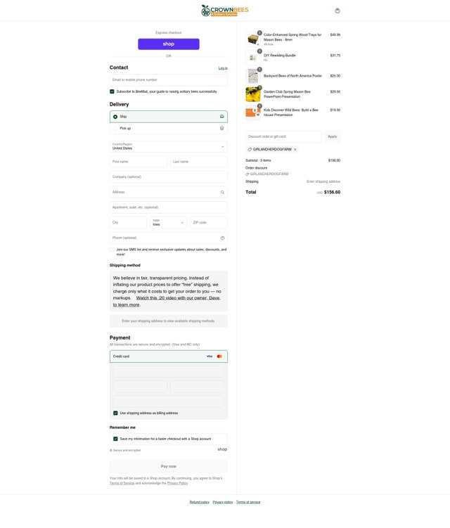 Crown Bees checkout page showing Crown Bees discount code box | Screenshot taken by SimplyCodes community member on Sep 2, 2025