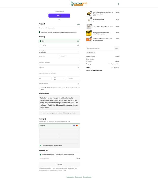 Crown Bees checkout page showing Crown Bees discount code box | Screenshot taken by SimplyCodes community member on Sep 2, 2025